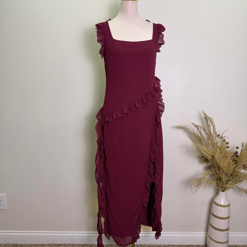 Burgundy Chiffon Ruffle Maxi Dress Size S